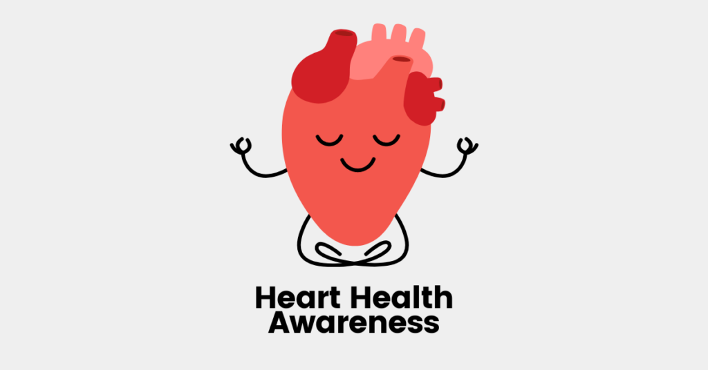 Graphic of a happy heart meditating, promoting February Heart Health Awareness at Merrill Physical Therapy.